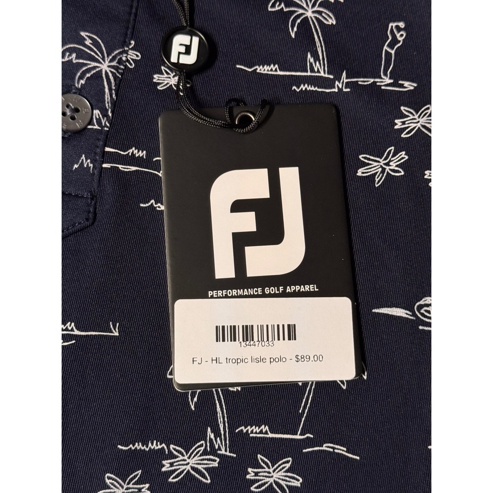 FootJoy Tropic Isle Golf Polo Shirt Navy Blue Palm Tree Print Mens Lrg NWT Logo - Picture 12 of 15
